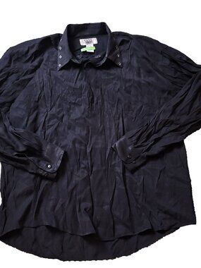 VINTAGE City Streets Button Shirt Mens L Large Black Rayon Long Sleeve
